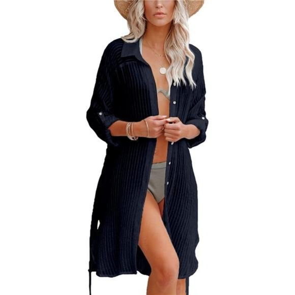 Womens Beachwear Cover Up, Long Sleeve Button Down Beach Shirt with Belt - Picture 1 of 8